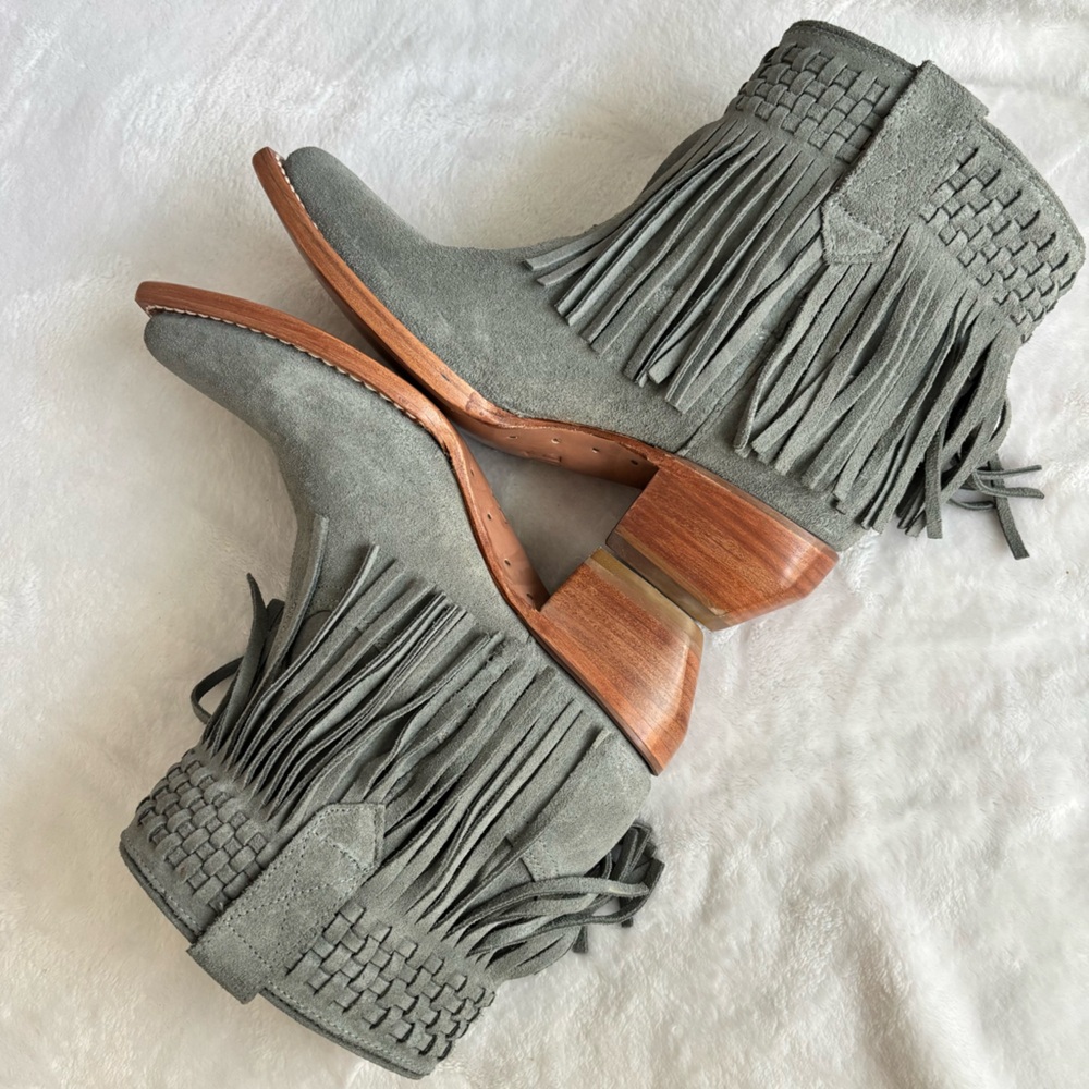 FRYE Steel Blue Suede Sacha Fringe Leather Western Bootie--NEW--7.5
